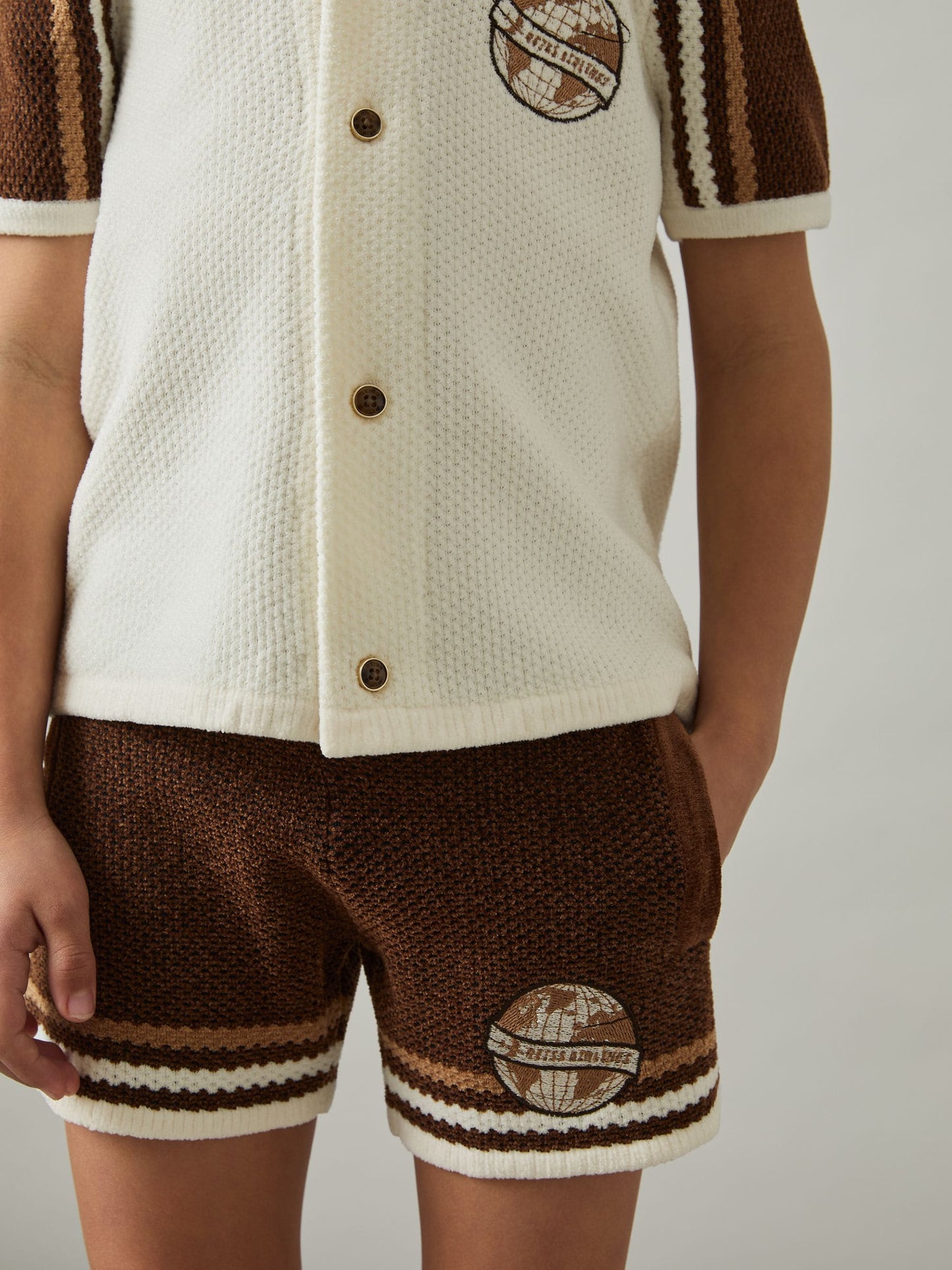 Dsiney Kidz - Reiss Brown/Taupe Brown/White Pete 3-9 yrs Chenille Airlines Embroidery Shorts image 3