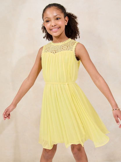 Lipsy Lemon Yellow Pleated Lace Yoke Occasion Dress (5-16yrs) - image 1