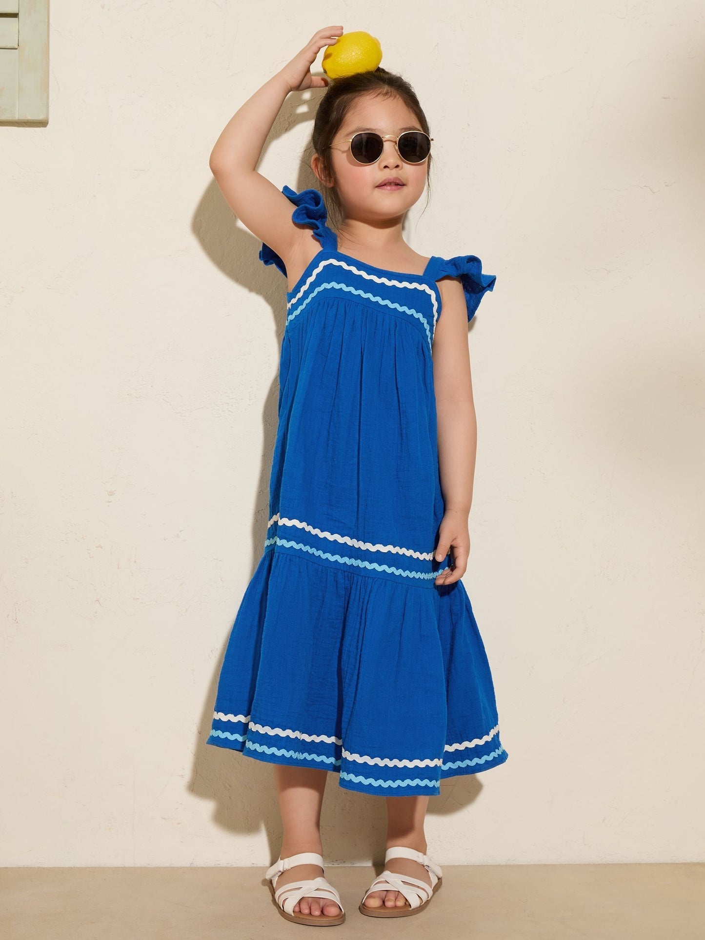 Friends Like These Cobalt Blue Crinkle Lace Trim Tiered Midi Sun Dress (3-14yrs) image 3