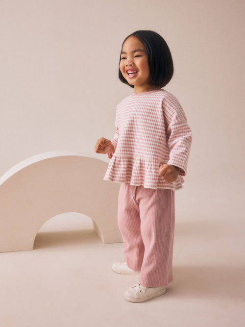 Pink Ribbed Long Sleeve Top and Wide Leg Trousers Set (3mths-7yrs) image 1