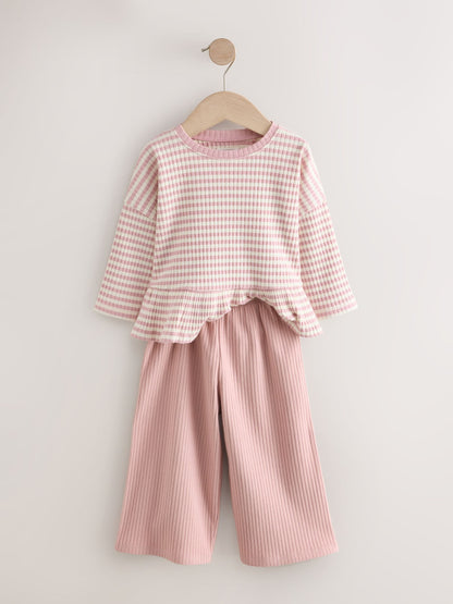Pink Ribbed Long Sleeve Top and Wide Leg Trousers Set (3mths-7yrs) image 6
