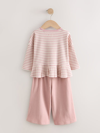 Pink Ribbed Long Sleeve Top and Wide Leg Trousers Set (3mths-7yrs) image 7