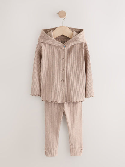 Brown Ribbed Hooded Cardigan and Leggings Set (3mths-7yrs) image 6