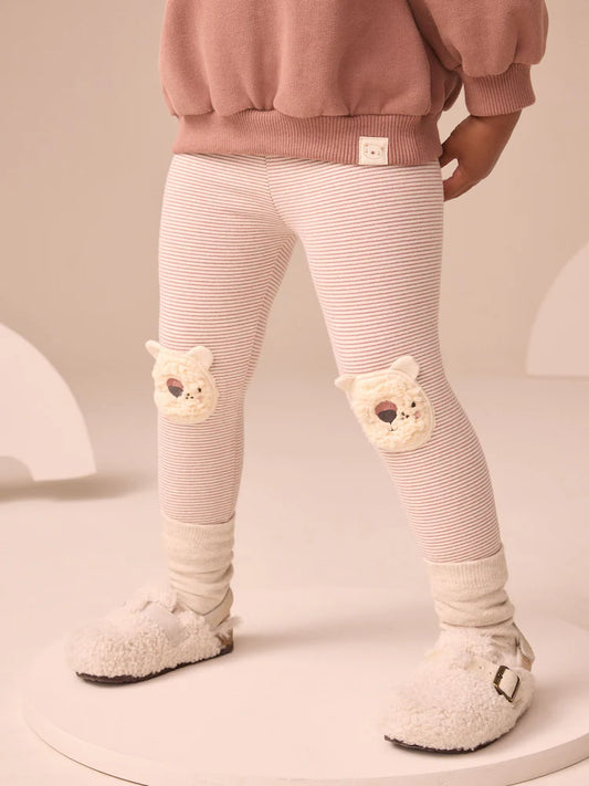 Ecru Stripe Bear Knee Embellished Leggings (3mths-7yrs) Immediate