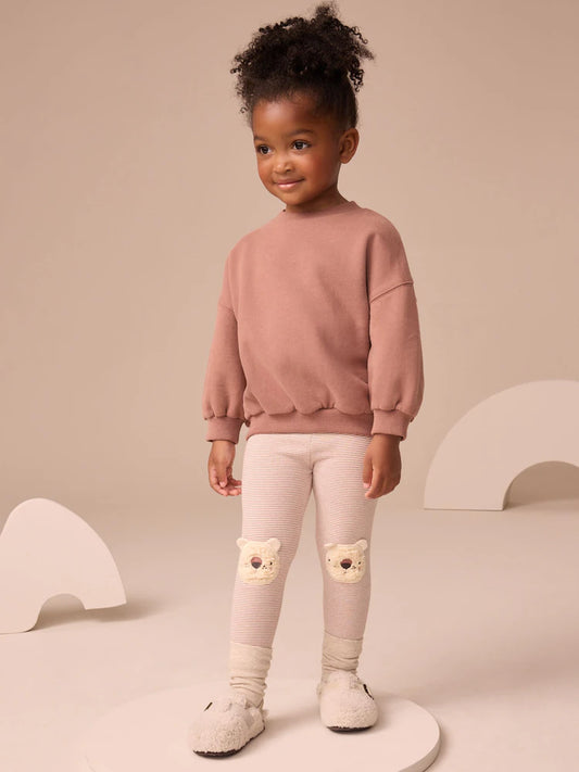 Ecru Stripe Bear Knee Embellished Leggings (3mths-7yrs) Immediate