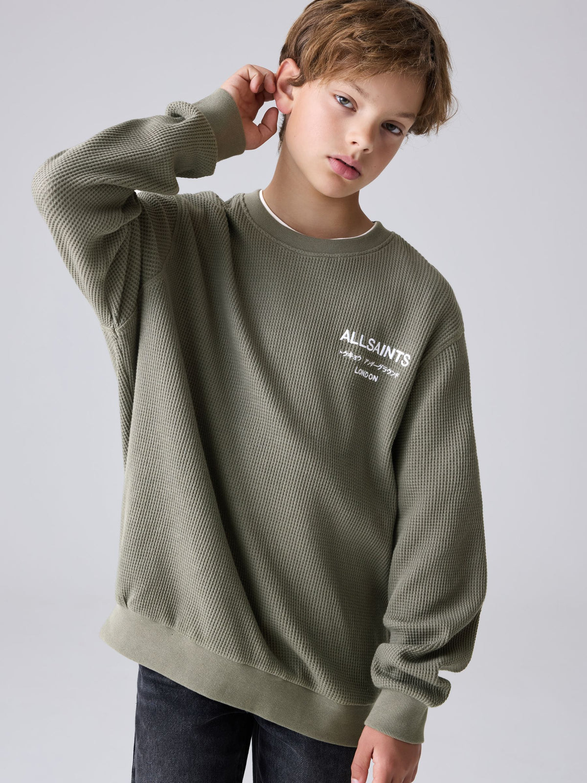 smALLSAINTS Khaki Green Waffle Underground Oversized Crew Neck Sweatshirt - image 1