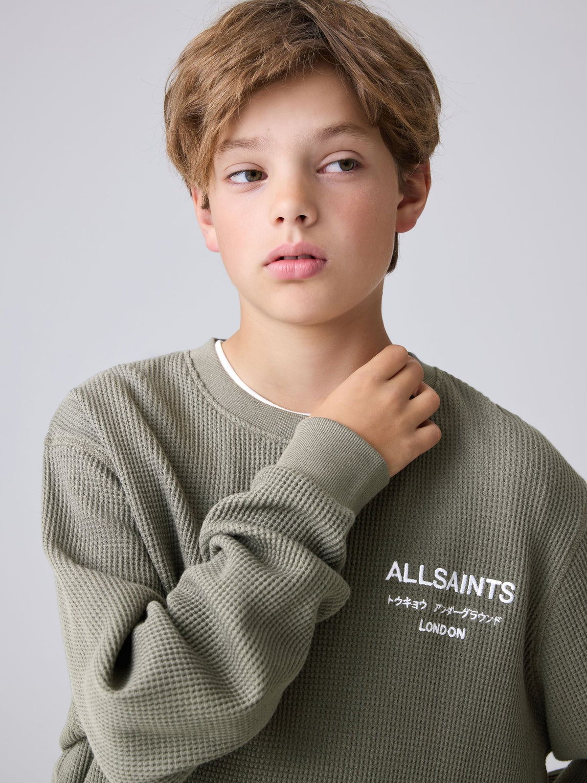 smALLSAINTS Khaki Green Waffle Underground Oversized Crew Neck Sweatshirt - image 4