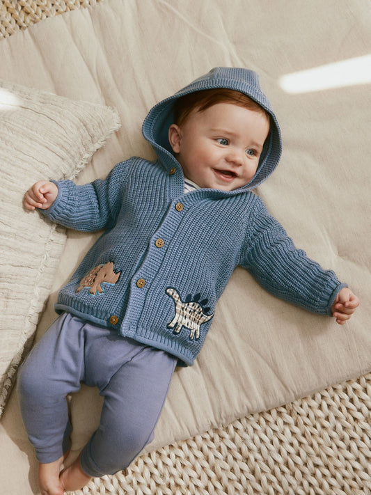 Navy Dinosaur Print Embroidered Baby Knitted Hooded Cardigan (0mths-2yrs)