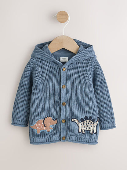 Navy Dinosaur Print Embroidered Baby Knitted Hooded Cardigan (0mths-2yrs)