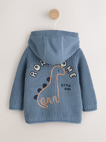 Navy Dinosaur Print Embroidered Baby Knitted Hooded Cardigan (0mths-2yrs)