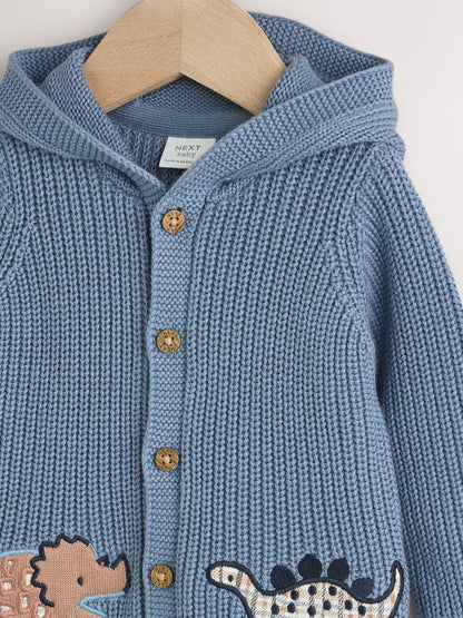 Navy Dinosaur Print Embroidered Baby Knitted Hooded Cardigan (0mths-2yrs)