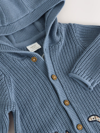 Navy Dinosaur Print Embroidered Baby Knitted Hooded Cardigan (0mths-2yrs)