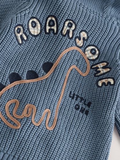 Navy Dinosaur Print Embroidered Baby Knitted Hooded Cardigan (0mths-2yrs)