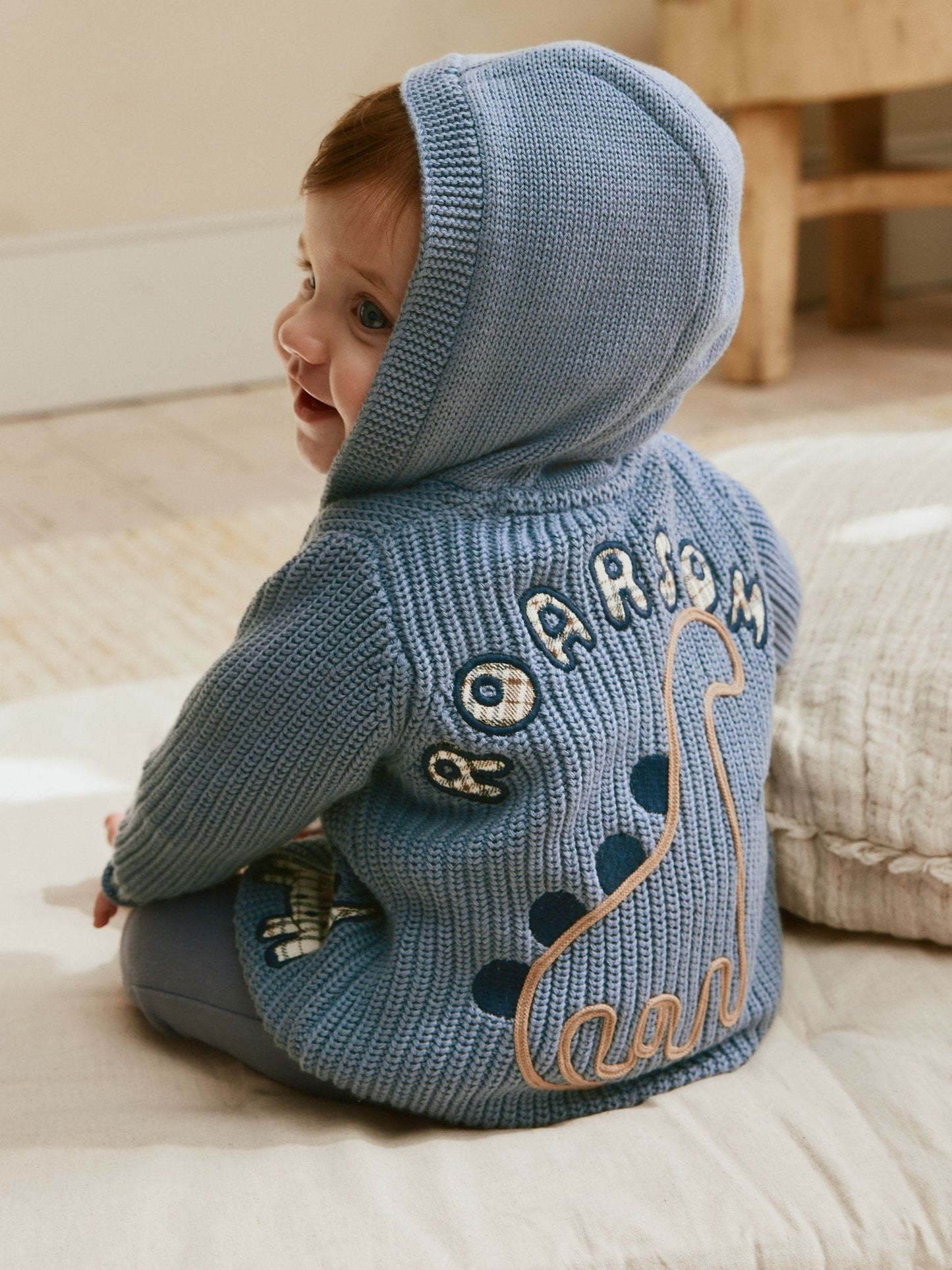 Navy Dinosaur Print Embroidered Baby Knitted Hooded Cardigan (0mths-2yrs)