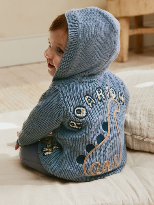 Navy Dinosaur Print Embroidered Baby Knitted Hooded Cardigan (0mths-2yrs)