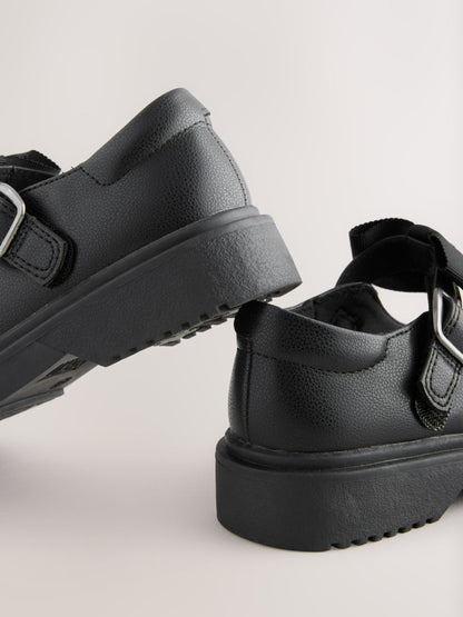 Black Matt Wide Fit (G) Bow Chunky Mary Jane School Shoes image 3