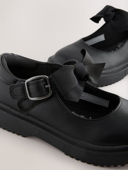 Black Matt Wide Fit (G) Bow Chunky Mary Jane School Shoes image 4