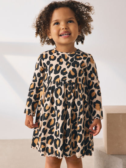 Animal Print Long Sleeve Ribbed Dress (3mths-7yrs)