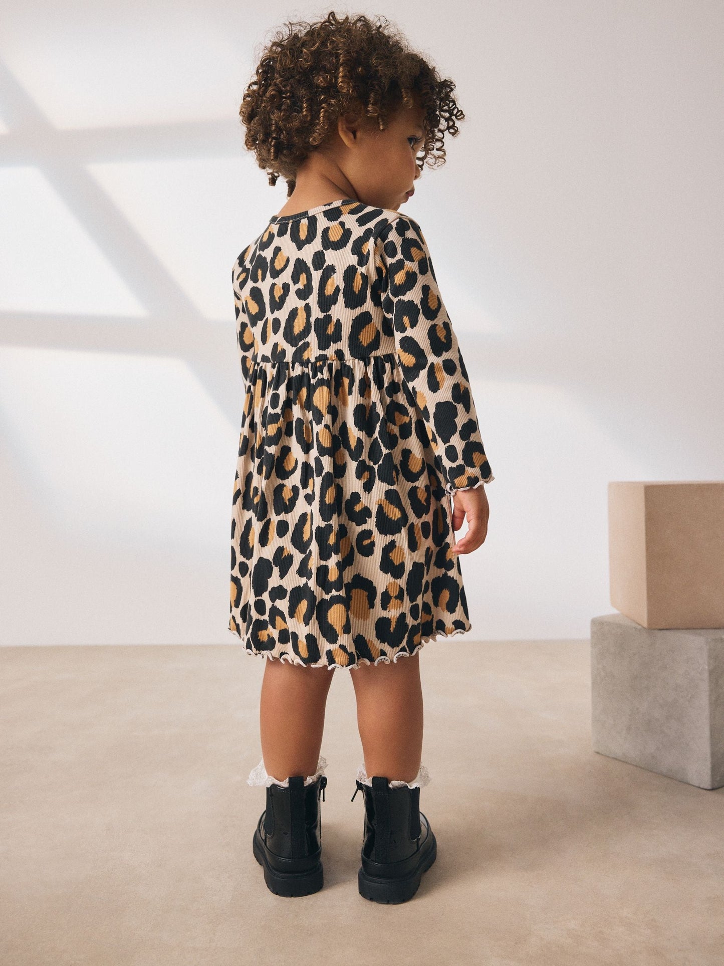 Animal Print Long Sleeve Ribbed Dress (3mths-7yrs)