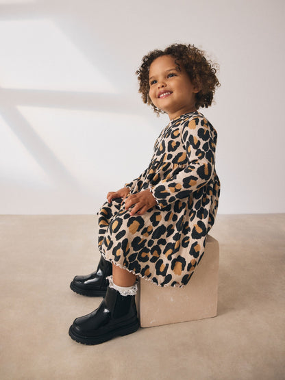 Animal Print Long Sleeve Ribbed Dress (3mths-7yrs)