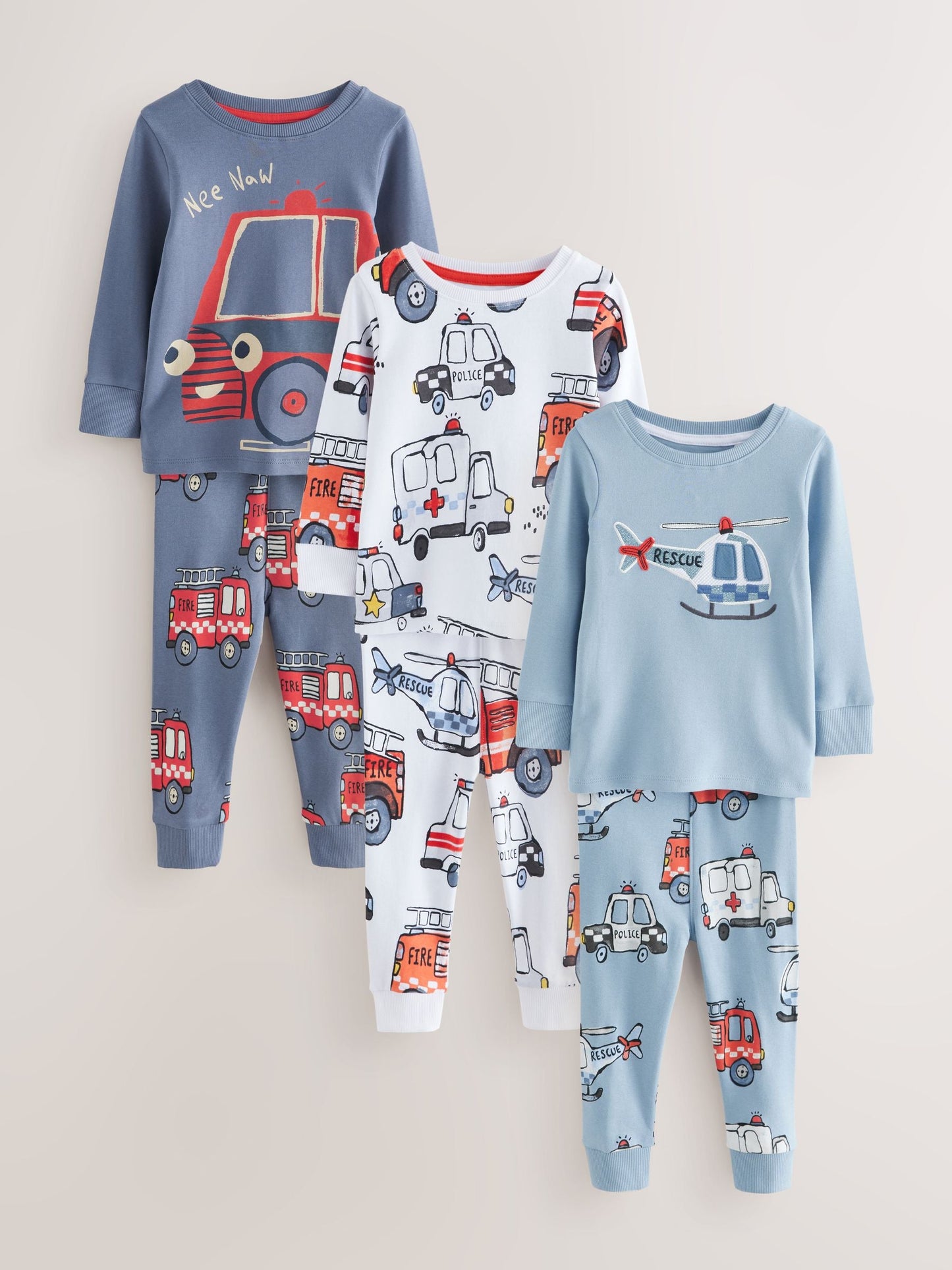 Red/Blue Emergency Vehicle Mini Snuggle Pyjamas 3 Pack (9mths-10yrs)
