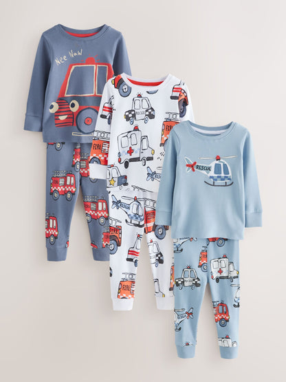 Red/Blue Emergency Vehicle Mini Snuggle Pyjamas 3 Pack (9mths-10yrs)