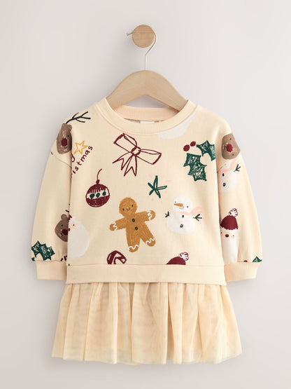 Neutral Christmas Sweat Party Dress (3mths-7yrs)