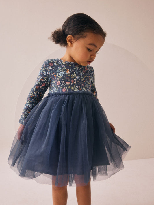 Navy Floral Long Sleeve Mesh Party Dress (3mths-7yrs)