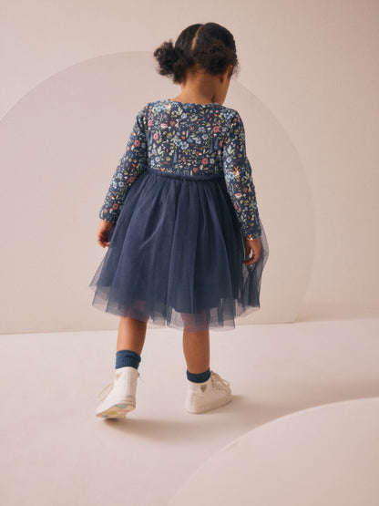 Navy Floral Long Sleeve Mesh Party Dress (3mths-7yrs)
