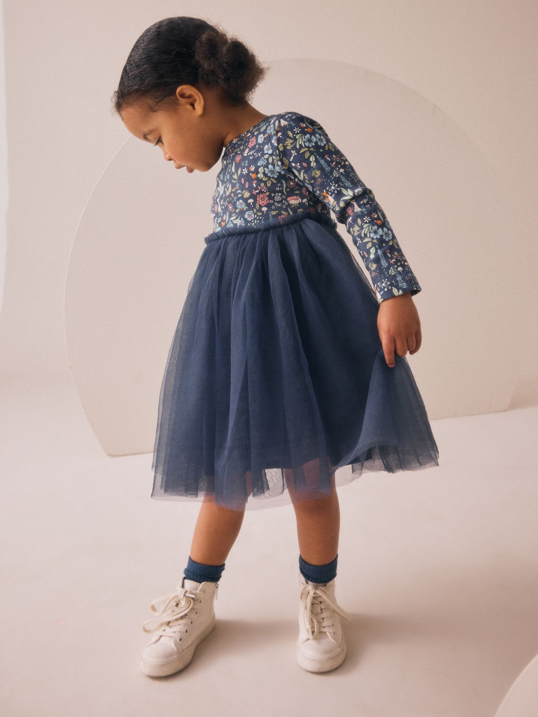 Navy Floral Long Sleeve Mesh Party Dress (3mths-7yrs) image 3