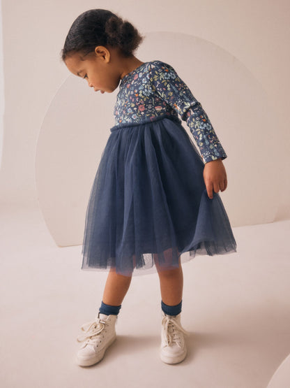 Navy Floral Long Sleeve Mesh Party Dress (3mths-7yrs) image 3