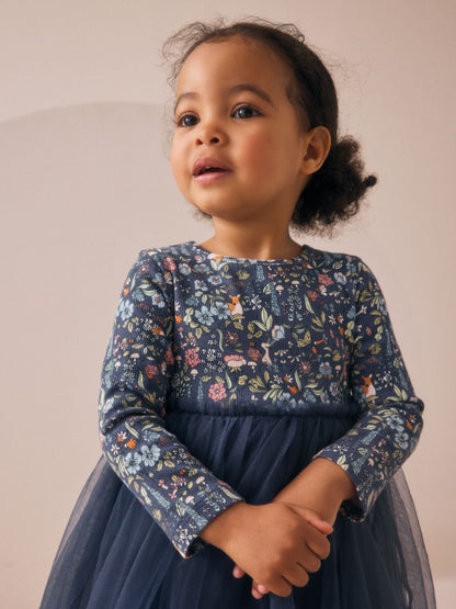 Navy Floral Long Sleeve Mesh Party Dress (3mths-7yrs)