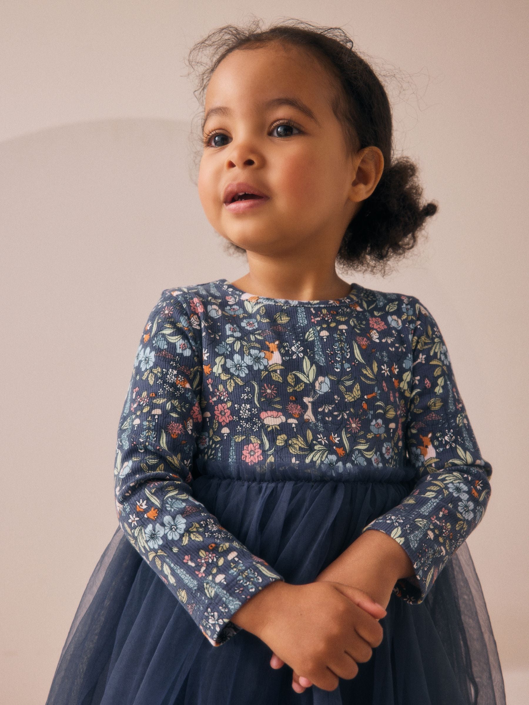 Navy Floral Long Sleeve Mesh Party Dress (3mths-7yrs) image 4