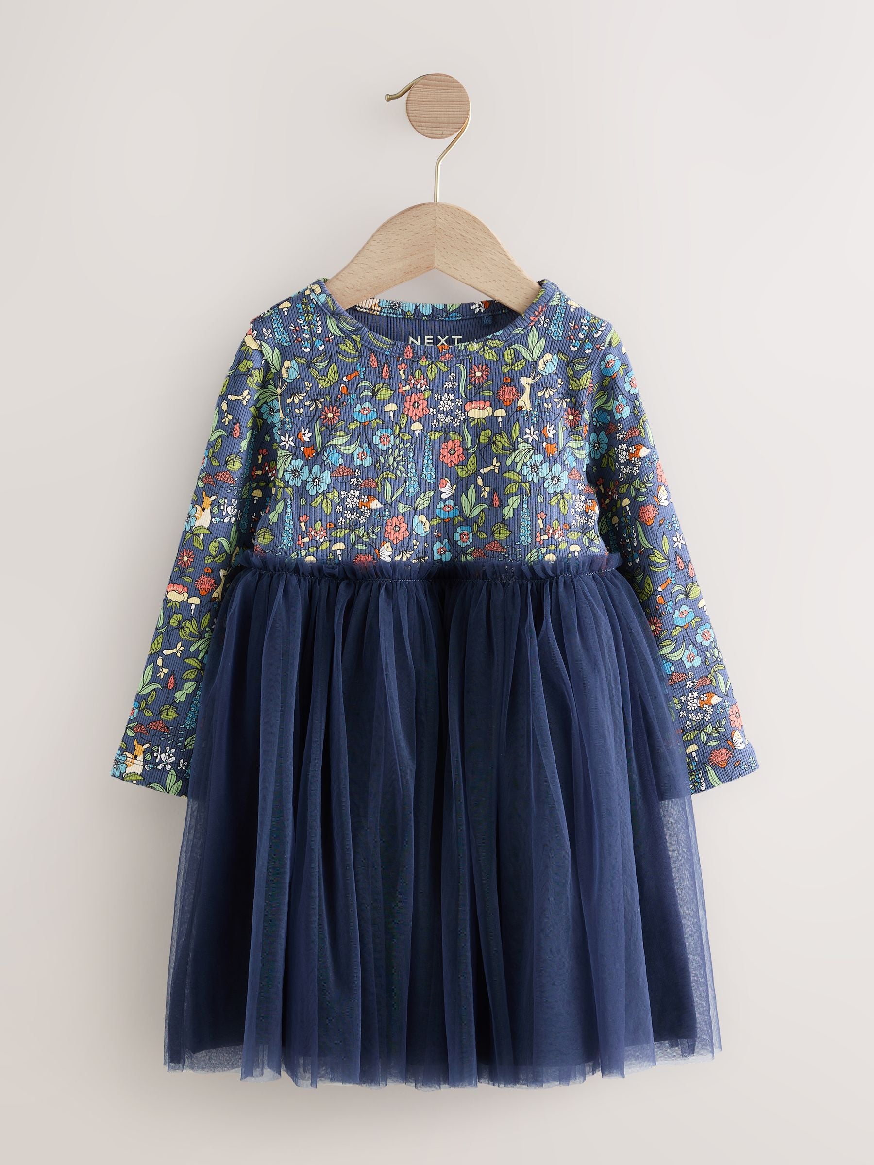 Navy Floral Long Sleeve Mesh Party Dress (3mths-7yrs) image 5