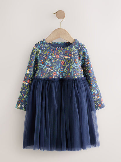 Navy Floral Long Sleeve Mesh Party Dress (3mths-7yrs) image 5