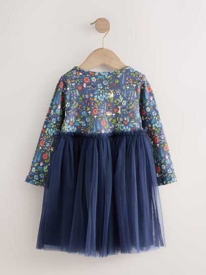 Navy Floral Long Sleeve Mesh Party Dress (3mths-7yrs) image 6