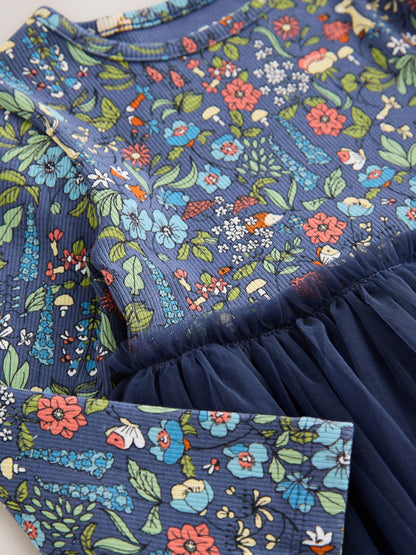 Navy Floral Long Sleeve Mesh Party Dress (3mths-7yrs)