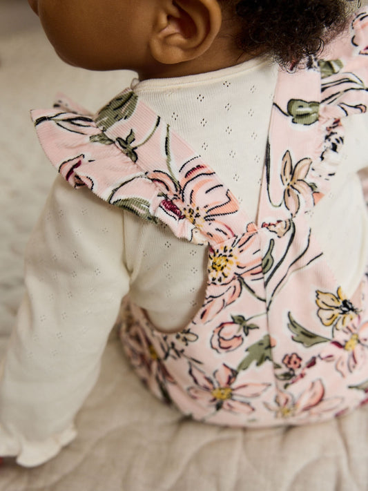 Pink Floral Baby Print Long Sleeve Bodysuit and Cord Dungarees Set 2 Piece (0mths-2yrs) image 3