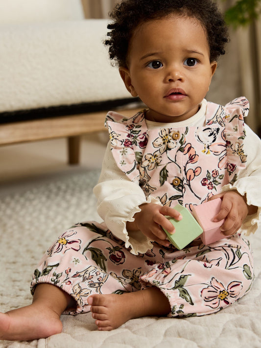 Pink Floral Baby Print Long Sleeve Bodysuit and Cord Dungarees Set 2 Piece (0mths-2yrs) image 1