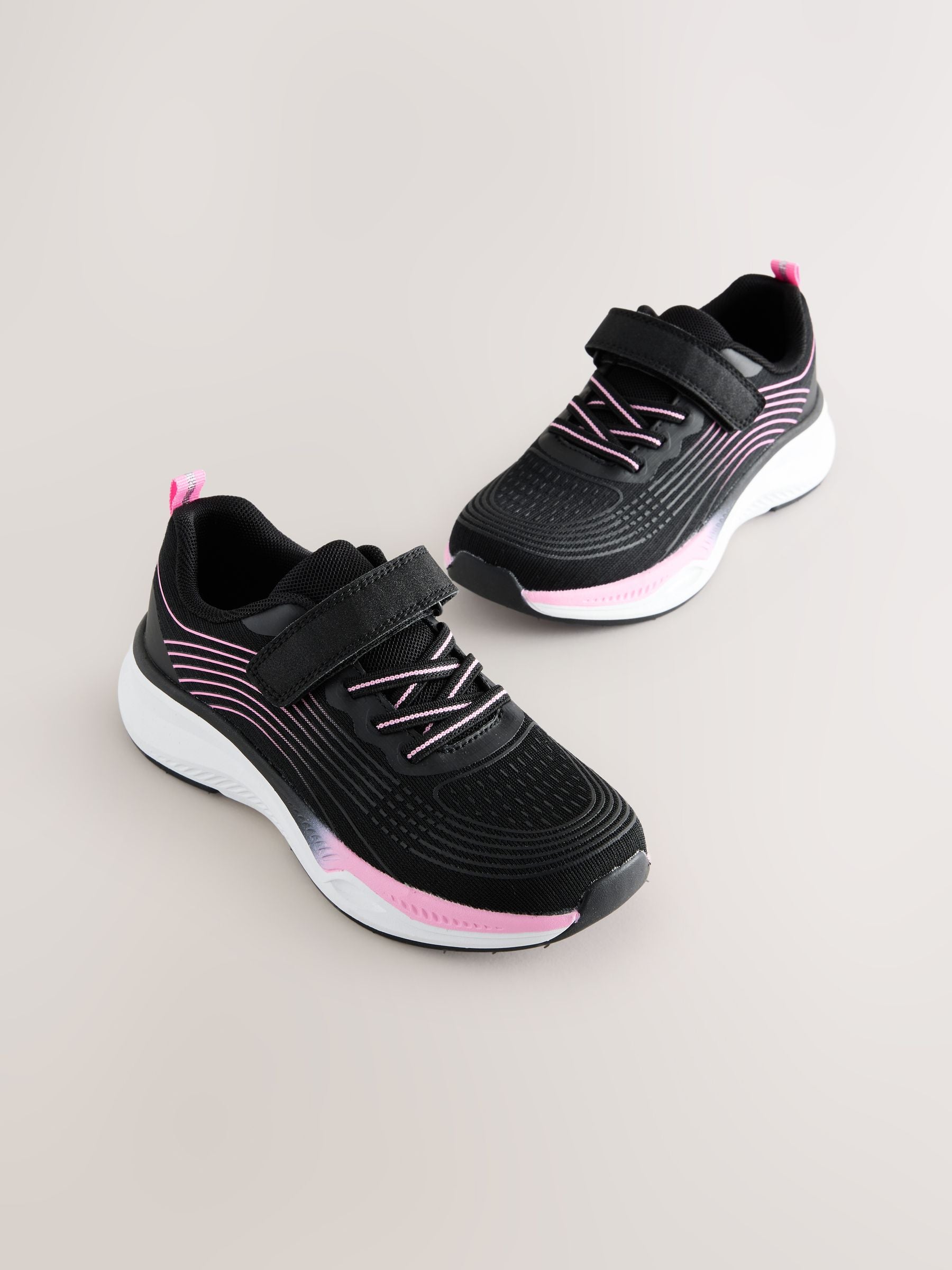 Black/Pink Standard Fit (F) Elastic Lace-Up Trainers image 1