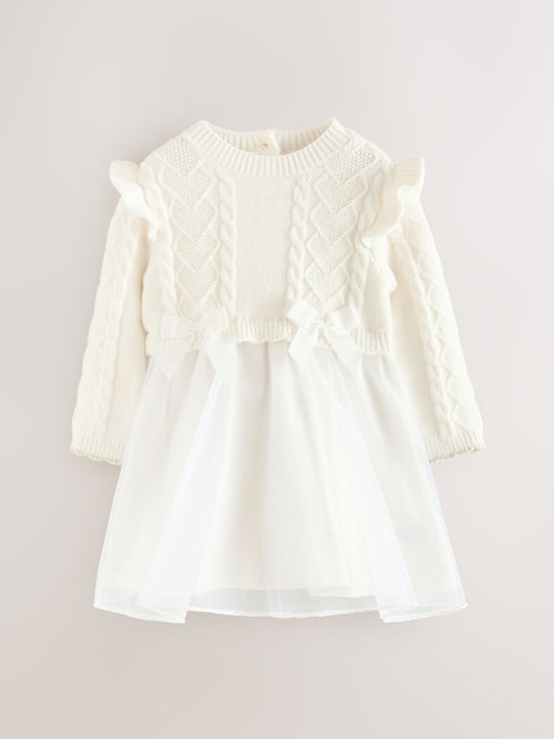 Dsiney Kidz - Baker by Ted Baker Cream Knitted Bow Detail Mesh Mockable Dress image 1