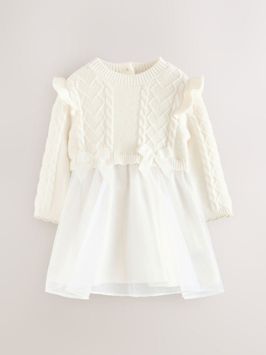 Dsiney Kidz - Baker by Ted Baker Cream Knitted Bow Detail Mesh Mockable Dress image 1