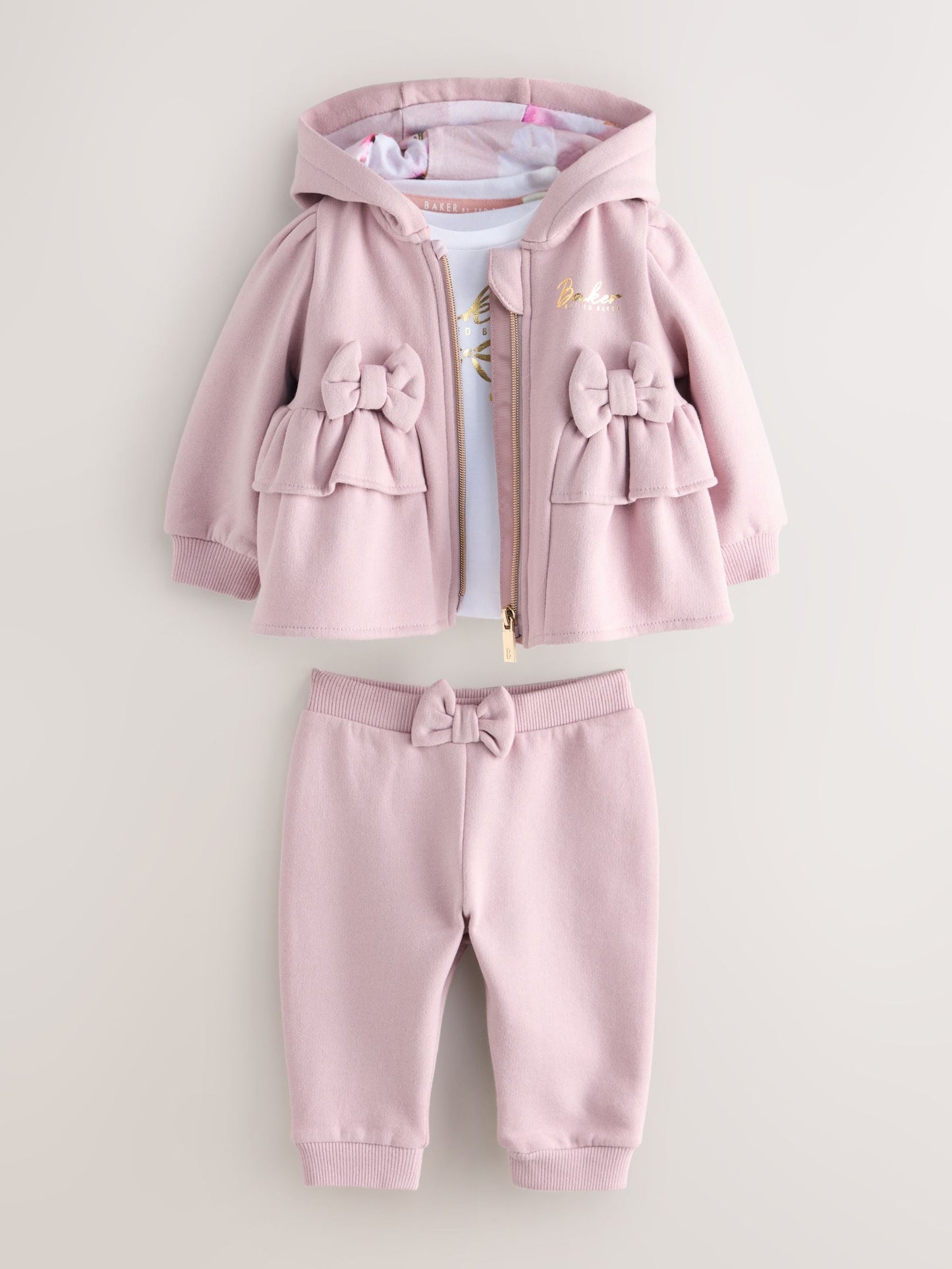 3 Piece Dusky Pink Zip-Through Hoodie T-Shirt & Joggers Set