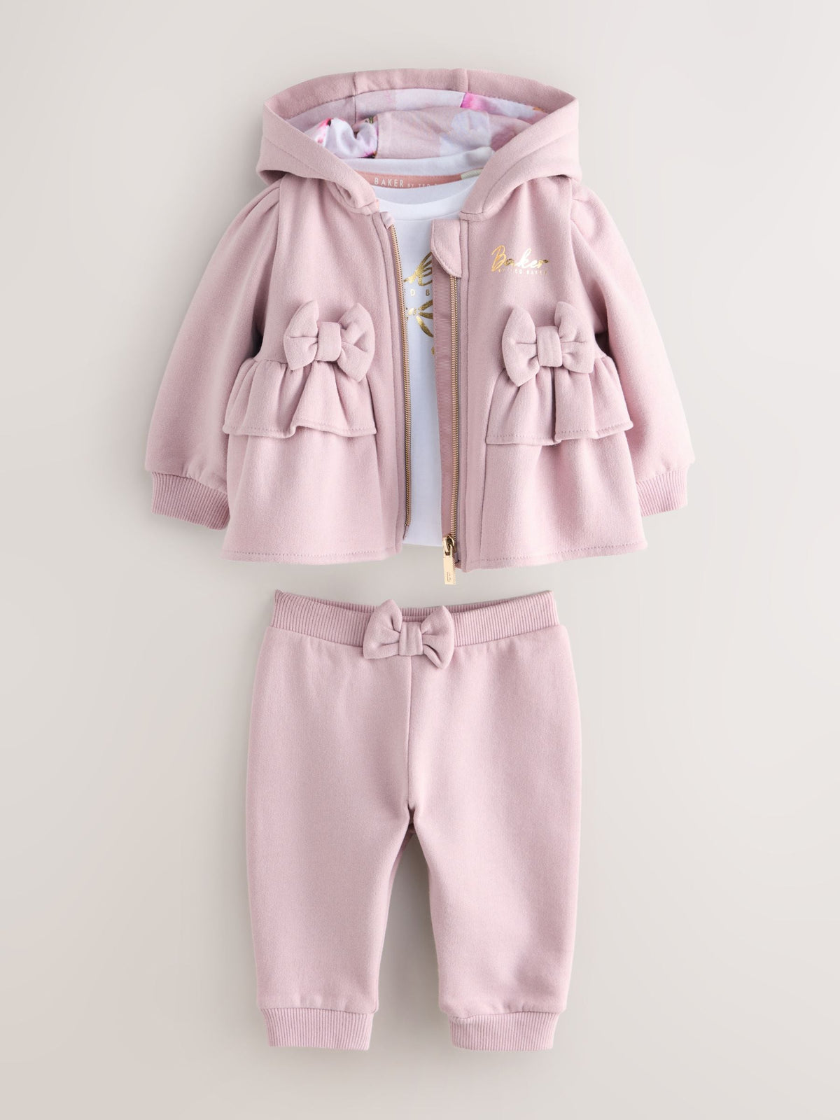 Baker by Ted Baker 3 Piece Dusky Pink Zip-Through Hoodie, T-Shirt & Joggers Set image 1