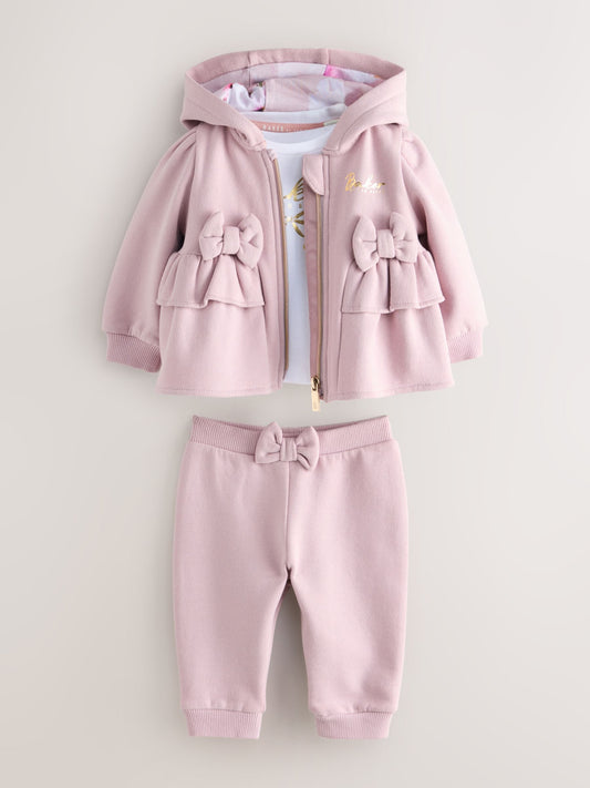 3 Piece Dusky Pink Zip-Through Hoodie T-Shirt & Joggers Set