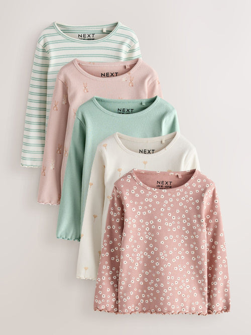 Neutral Long Sleeve Rib Tops 5 Pack (3mths-7yrs) image 1