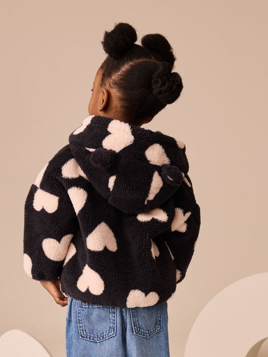 Black Heart Print Zip Through Fleece (3mths-7yrs)