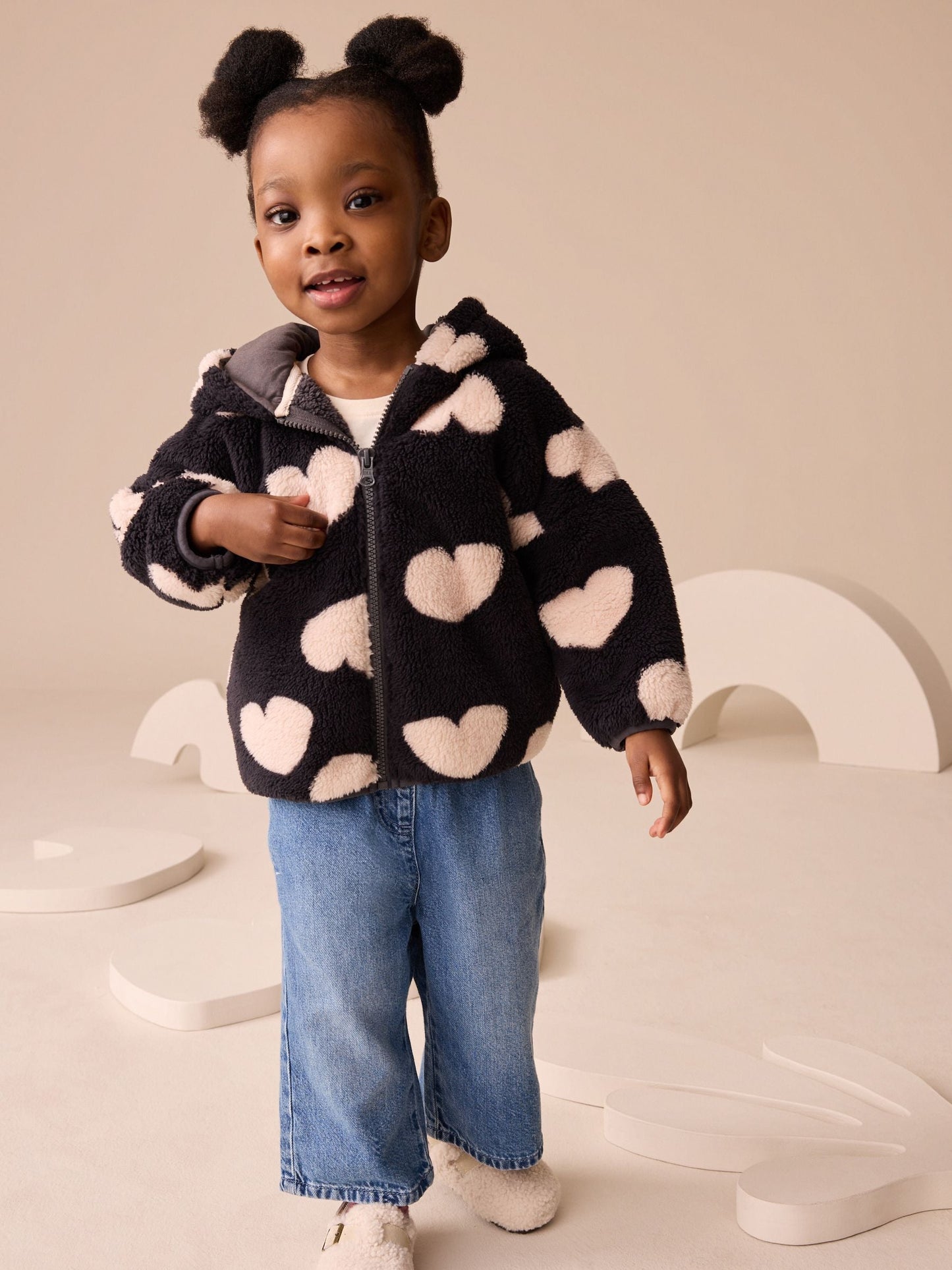 Black Heart Print Zip Through Fleece (3mths-7yrs)