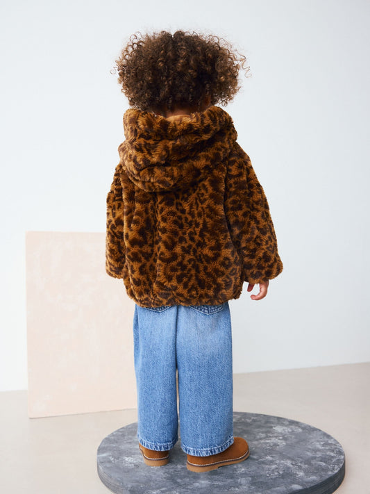 Brown Leopard Animal Print Faux Fur Zip Through Jacket (3mths-7yrs)