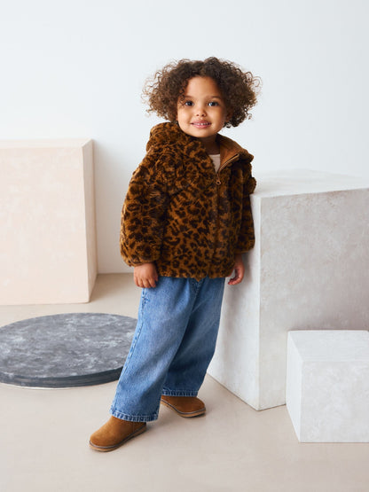 Brown Leopard Animal Print Faux Fur Zip Through Jacket (3mths-7yrs)